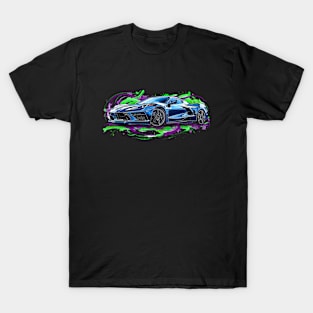 Blue C8 Supercar Racecar Muscle Car Sportscar Green Purple Splash C8 T-Shirt